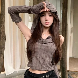 (พร้อมที่จะจัดส่งในกรุงเทพ) สไตล์ผู้หญิงใหม่ สไตล์อเมริกัน การออกแบบรู เสื้อยืดมีฮู้ดฤดูร้อน-Z290