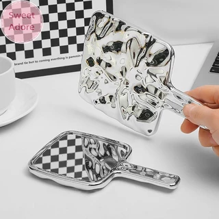 SweetAdore Liquid Shape Square Mirror Hand-Held Desktop Cosmetic Portable Makeup Mirror Travel Retro Style Beauty Mirror For Handbag TH