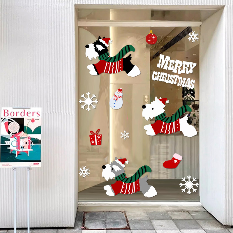 สติกเกอร์หน้าต่างตกแต่งคริสต์มาสร้านขายเสื้อผ้าหน้าต่างประตูกระจกเกล็ดหิมะลูกสุนัขสติกเกอร์ประตูกระจก