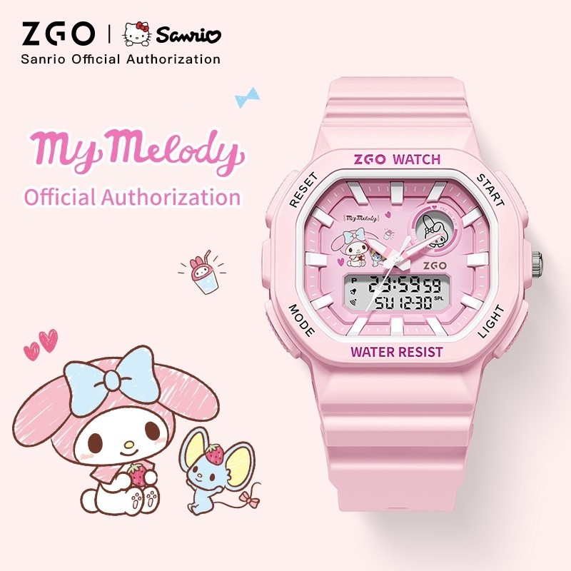 Zgo x Sanrio Melody นาฬิกาสําหรับเด็กเด็กผู้หญิงจอแสดงผลคู่กันน้ํานาฬิกาอิเล็กทรอนิกส์เรืองแสง 810