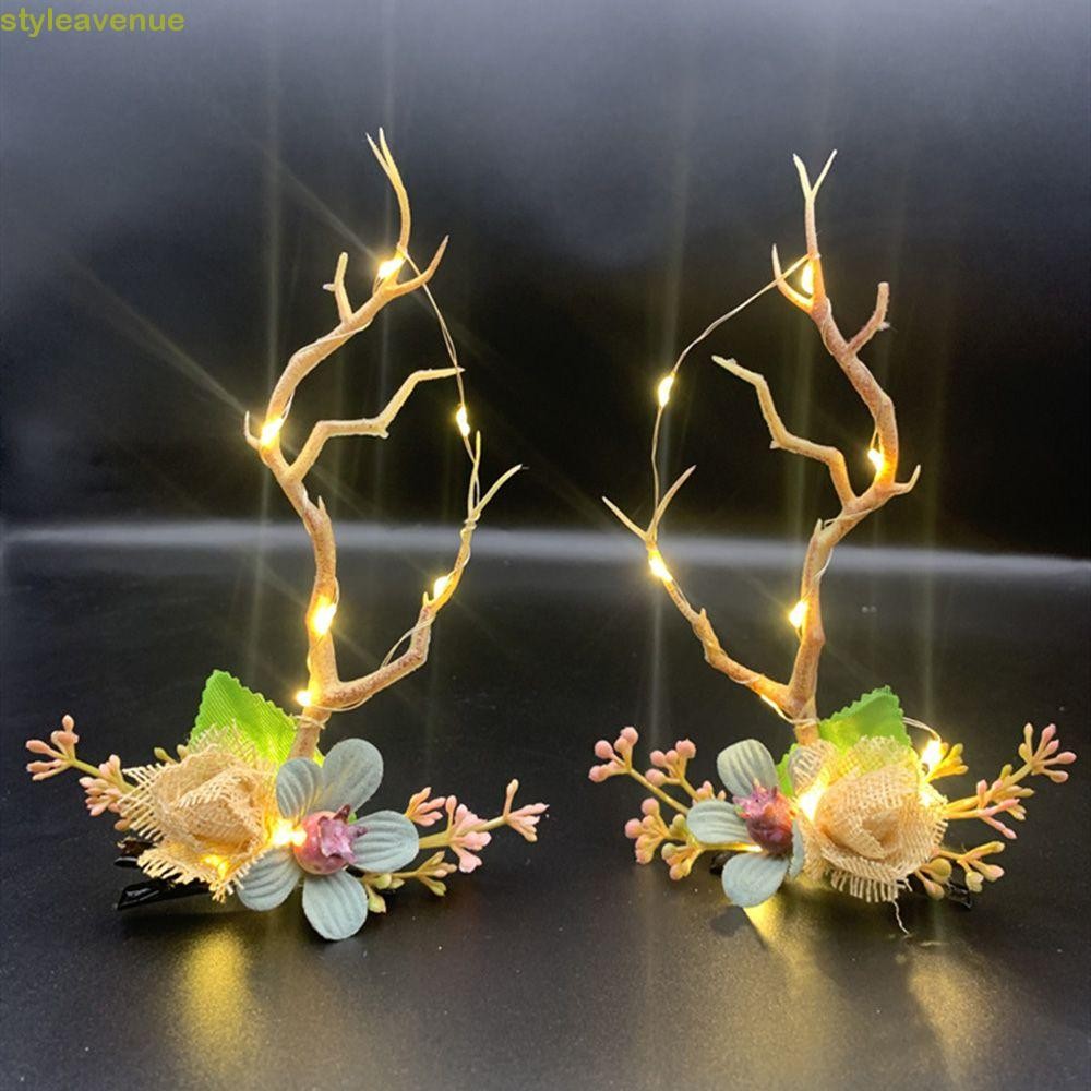 Styleavenue คริสต์มาส Antlers Hairpin สาวเครื่องแต่งกาย Blinking พร้อมไฟ Led Deer Horns สาขาต้นไม้เชอร์รี่ดอกไม้ผู้หญิงคลิปผม