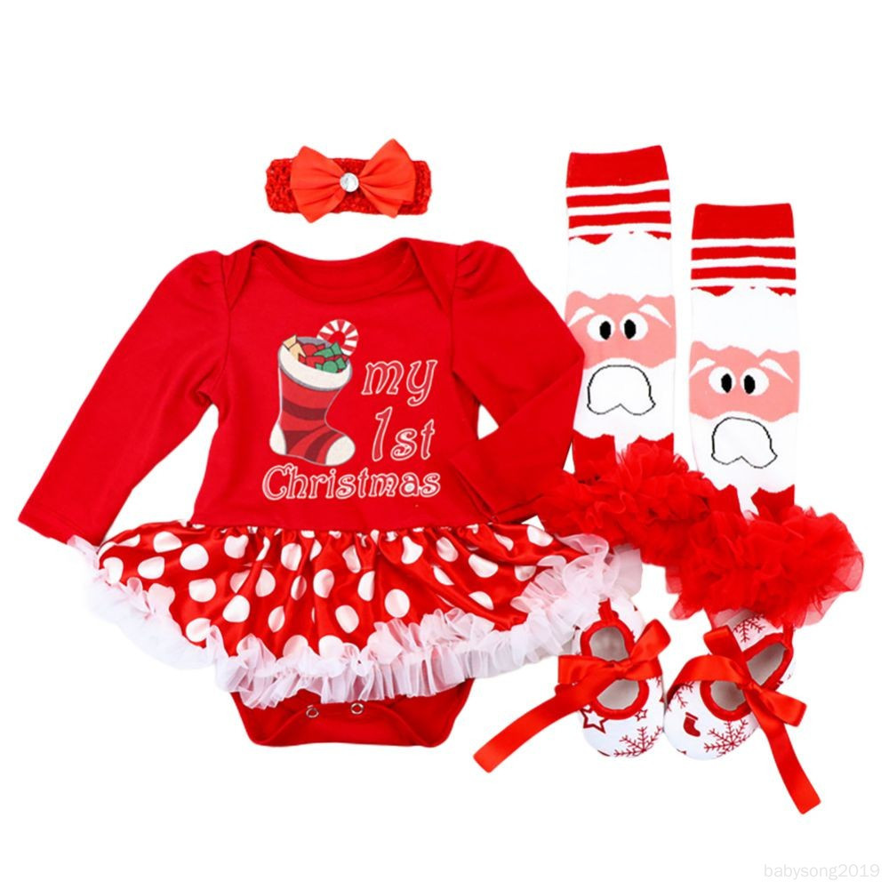 Polka Dot ชุดคริสต์มาสสําหรับทารก 0-18M เสื้อผ้าเด็กวัยหัดเดิน 4 ชิ้น/เซ็ต