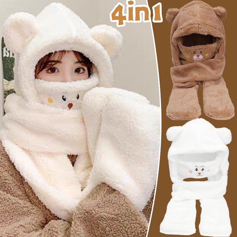 หมวกหูหมีน่ารัก-หมวกป้องกันหูตุ๊กตา-สําหรับฤดูหนาวกลางแจ้งให้อบอุ่นอุปกรณ์เสริม-3 ใน 1หมวกผ้าพันคอถุงมือ-การ์ตูน, กันลม
