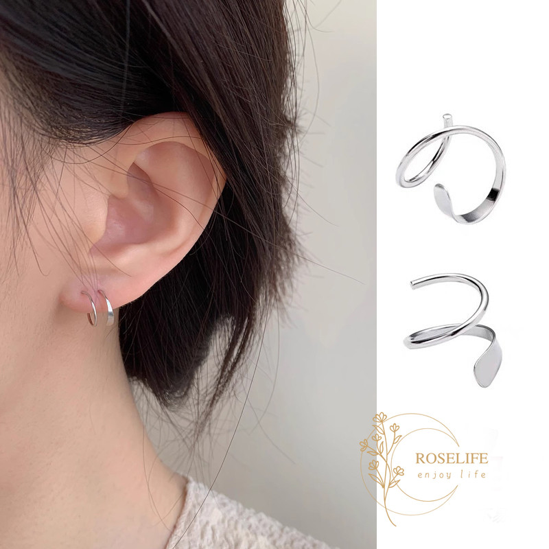 Roselife เกาหลี 2 ชิ้นเงินเกลียวสายเจาะต่างหูสําหรับผู้หญิงสาวแฟชั่นเรขาคณิต Twisted หู Studs เครื่องประดับ