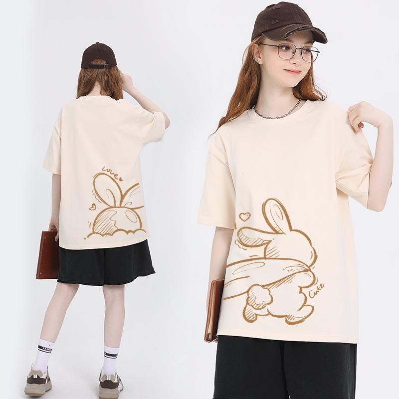 【ส่งจากไทย】เสื้อยืดคอกลมแขนสั้นพิมพ์ลายกระต่ายน่ารักเสื้อผ้าผู้หญิงฤดูร้อนที่บางและหลากหลาย