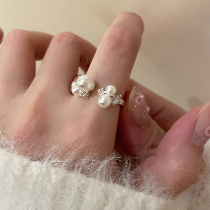 Pearl Zircon เปิดแหวนแฟชั่นเกาหลีออกแบบปรับได้แหวนเครื่องประดับอุปกรณ์เสริมสําหรับผู้หญิง