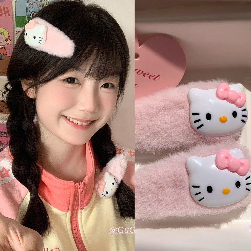 น่ารัก Hello Kitty กิ๊บติดผมตุ๊กตาสีชมพูสาวลูกแมวการ์ตูนเครื่องประดับผม