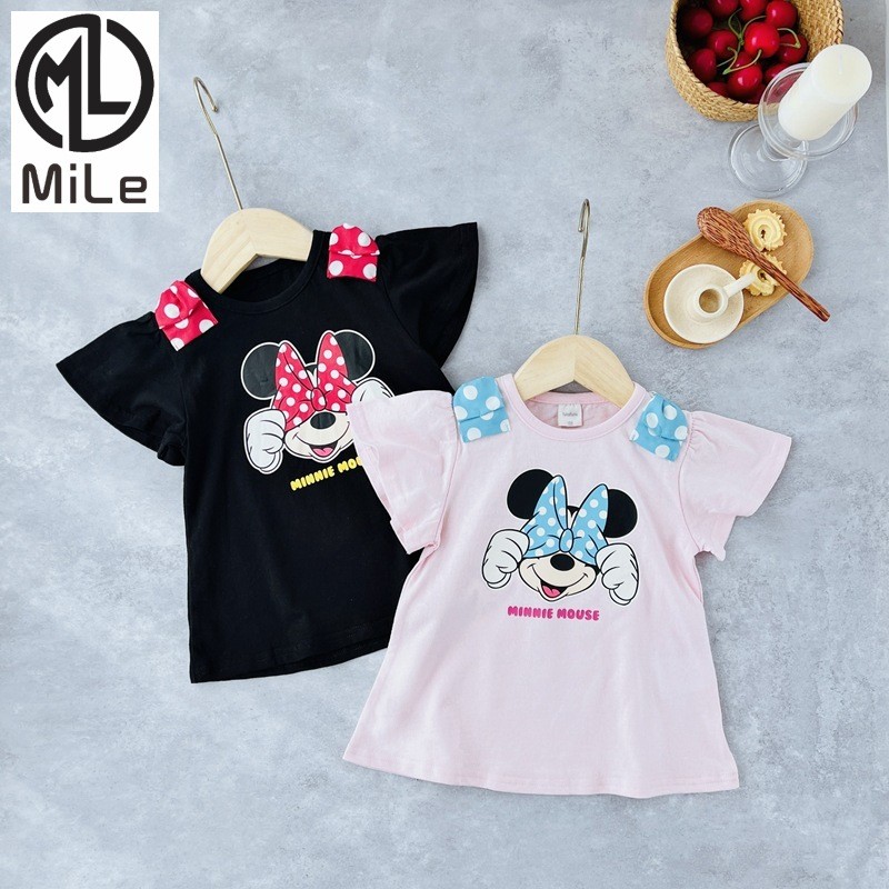 [ML] 90-140 ซม.ฤดูร้อนสไตล์ใหม่เด็กทารกสาวน่ารักโบว์การ์ตูนเสื้อยืดแขนสั้นทุกการแข่งขันสไตล์ตะวันตกกลางเด็กเล็ก