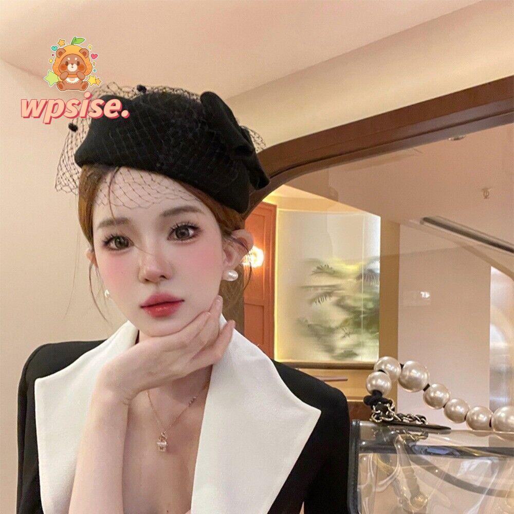 ฤดูใบไม ้ ร ่ วงฤดูหนาวเกาหลีอารมณ ์ หญิง Flight Attendant อังกฤษโบว ์ ตาข ่ ายลูกไม ้ หมวกขนสัตว ์