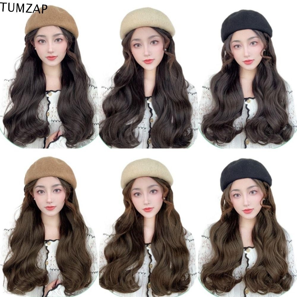 Tumzap วิกผมหมวกฤดูใบไม้ร่วงฤดูหนาว, การเชื่อมต่อไม่มีรอยต่อหยัก แฮร์พีซ หมวกเบเร่ต์, แฟชั่นที่มองไม่เห็นธรรมชาติให้อบอุ่นผมยาวหยิกใช้ป