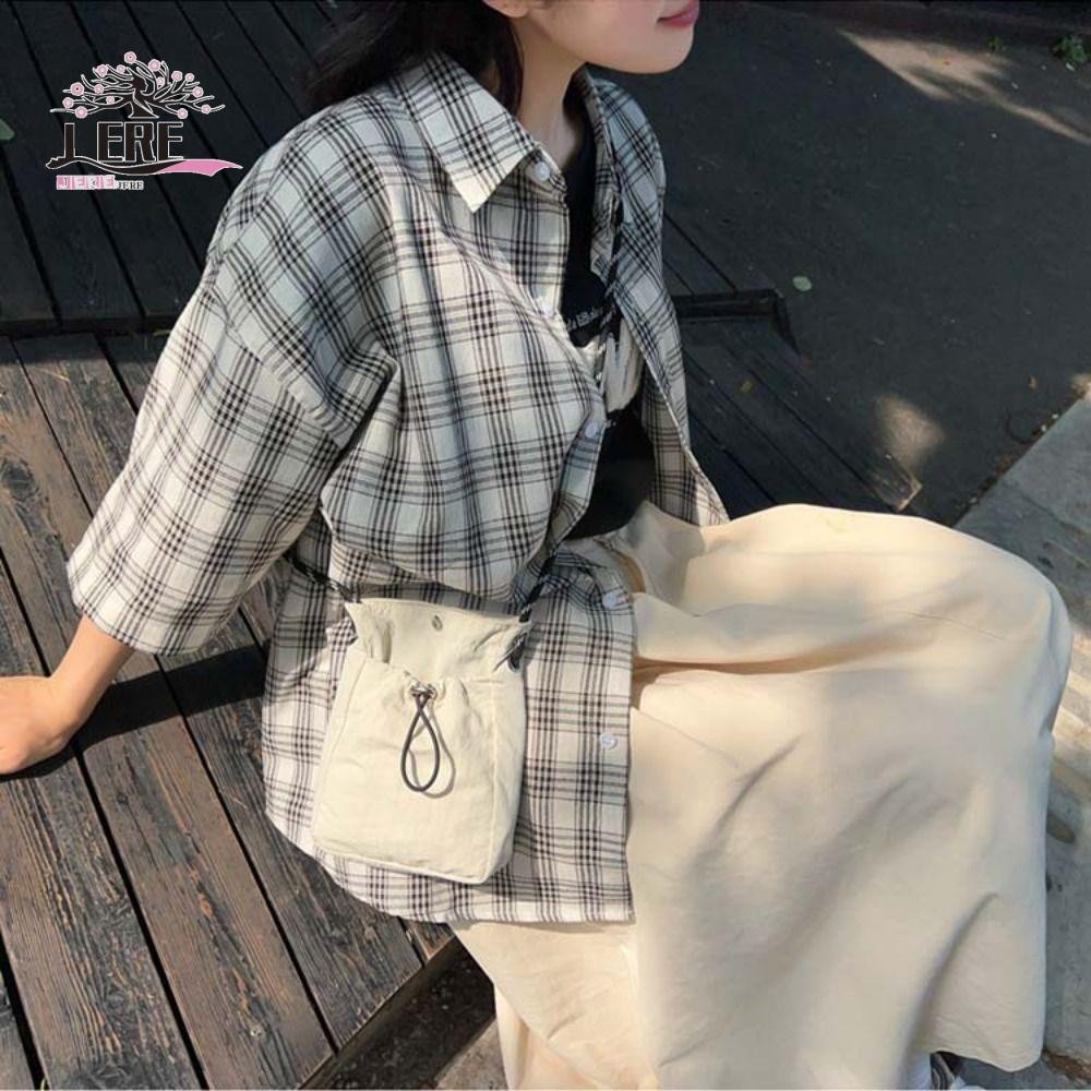 Jeremy1 Drawstring Phone Bag, กระเป๋าสะพายข้างความจุขนาดใหญ่สไตล์เกาหลี, กระเป๋าแฟชั่นสีทึบ Niche Design Tote Bag Light Soft Nylon Bag Outdoor