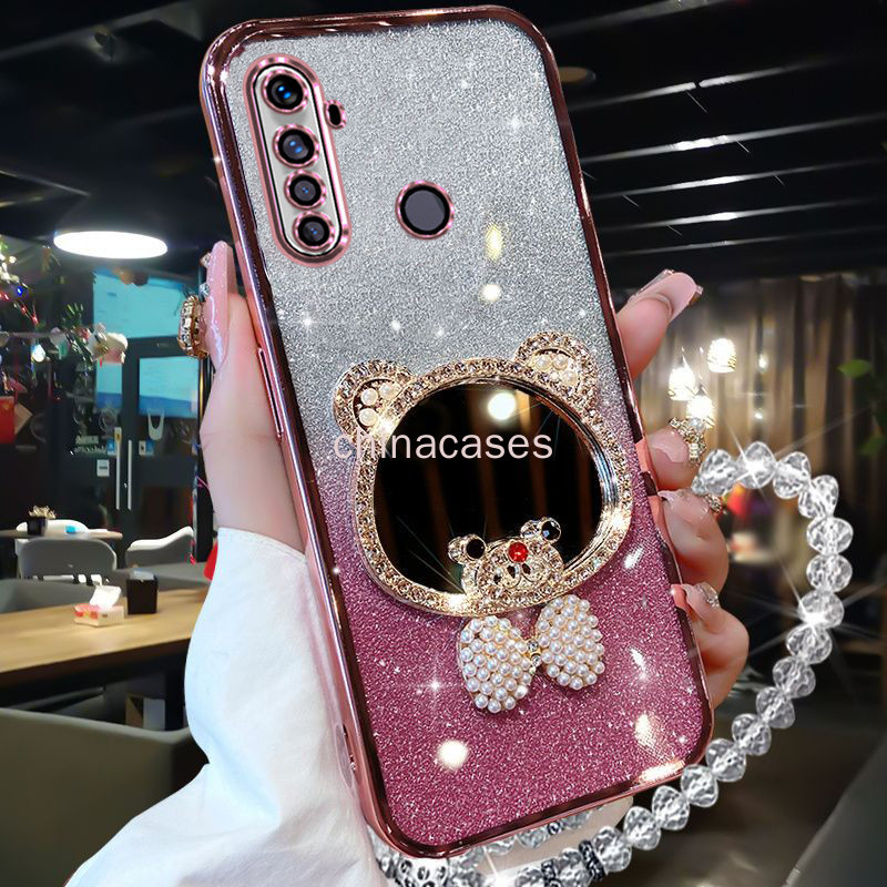 Realme 5 5i 5s 6i c3 5 Pro XT Realme 8 4G 5G Pro Realme 7 7i C17 C7 Realme 9 Pro โปร่งใสหมี Tie Electroplating Soft เคสซิลิโคนสร้อยข้อมือคริสตัลโปร่งใสกันกระแทกเคสโทรศัพท์ RFVTGBYHG