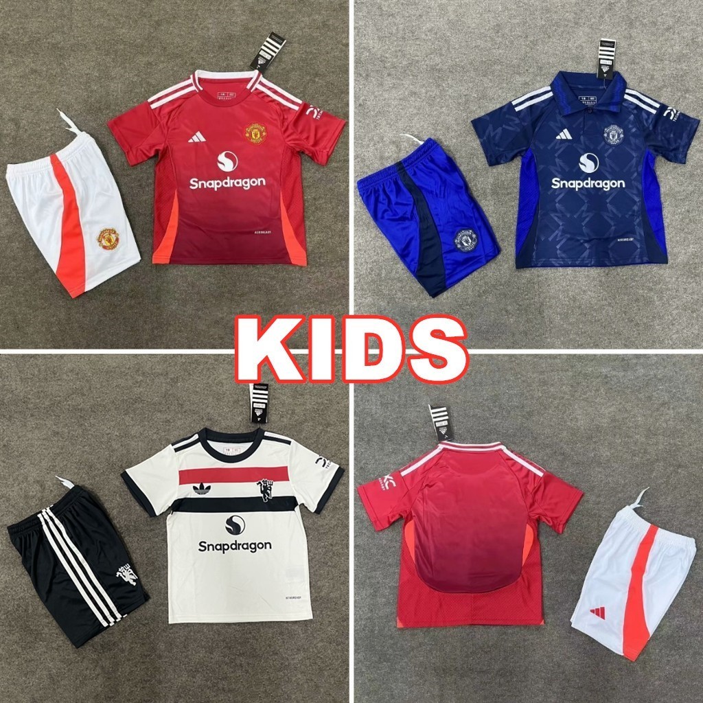 คุณภาพสูง 24-25 Kids Man-Utd MU Home Away 3rd Football Jersey Set Manchester United Tops + กางเกงขาสั้นสูท