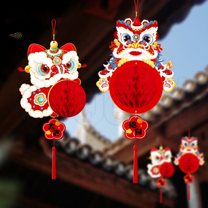 ตรุษจีน Lion Dance โคมไฟลูกบอลรังผึ้ง - ตกแต่งโคมไฟมังกรเทศกาลฤดูใบไม้ผลิแบบใช้ซ้ําได้ - ตกแต่งแขวนผนังปีใหม่ Lunar - โคมไฟกระดาษ Bless โชคดีสีแดง