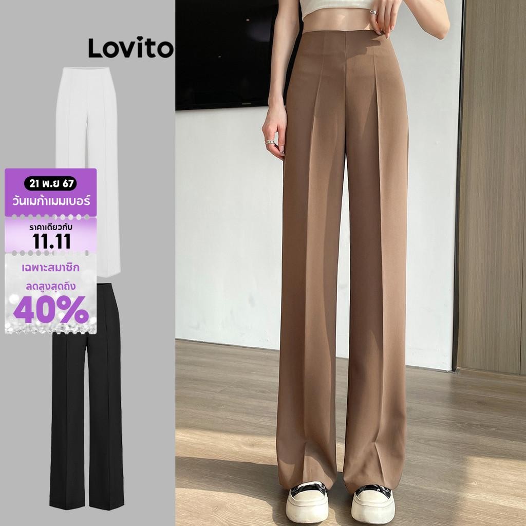 Lovito กางเกงขายาวผู้หญิง ตีเกล็ด สีพื้น สไตล์ลำลอง L68ED317 (สีกากี/ดำ)