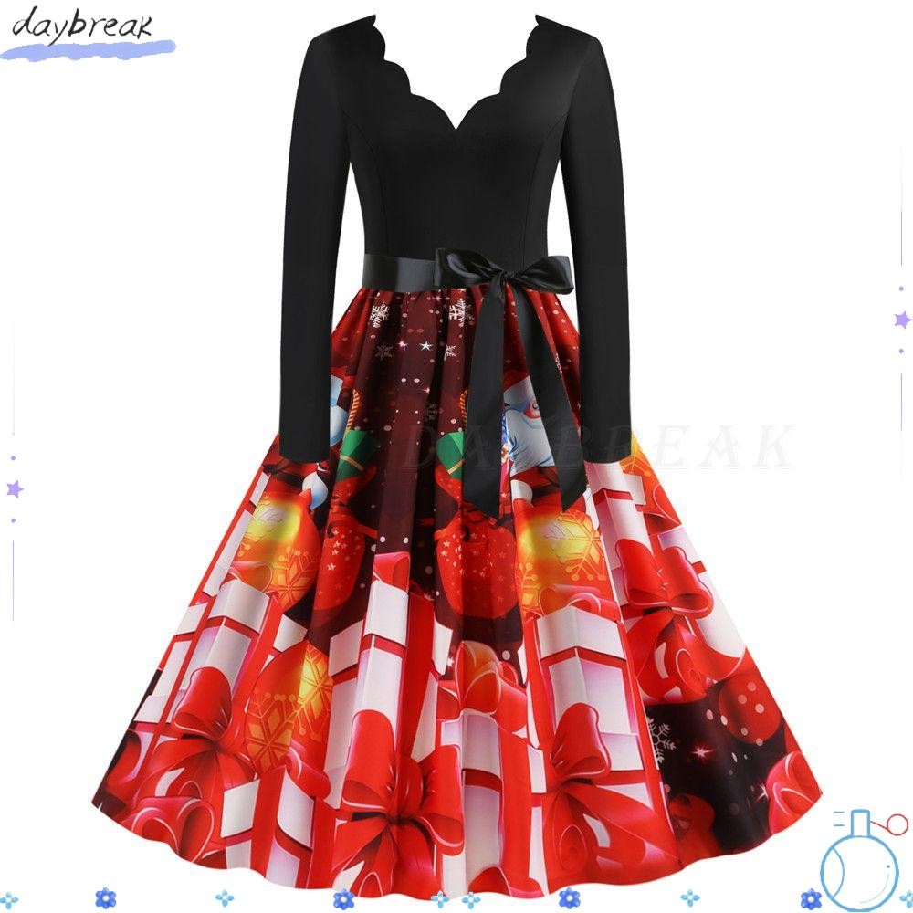 Daybreak ชุดคริสต์มาสแขนยาวชุดปาร์ตี้ชุดเดรสพิมพ์ลาย Swing Skater Dress