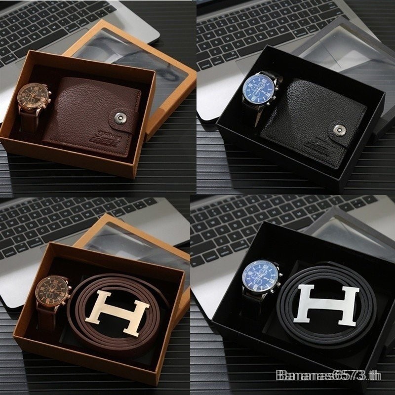 ใหม่ 4 ชิ้น/เซ็ตผู้ชายชุด หนังวัว หนังพับกระเป๋าสตางค์กระเป๋าสตางค์เข็มขัดแว่นตากันแดดนาฬิกาควอตซ์ชุดกล่อง
