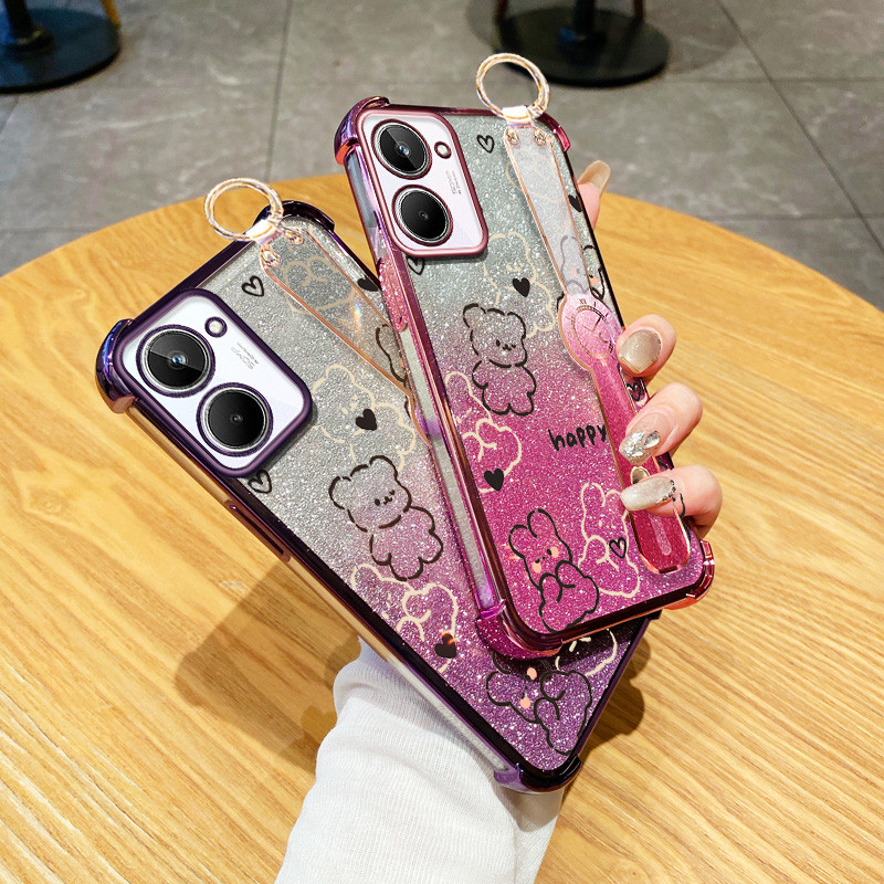 ปลอกสําหรับ Vivo Y03 Y03T Y18E Y18 4G Y17S Y28 4G 5G หรูหราสี่มุม Anti Drop Line Bear สายรัดข้อมือวงเล็บ Glitter ผงฝาครอบป้องกัน