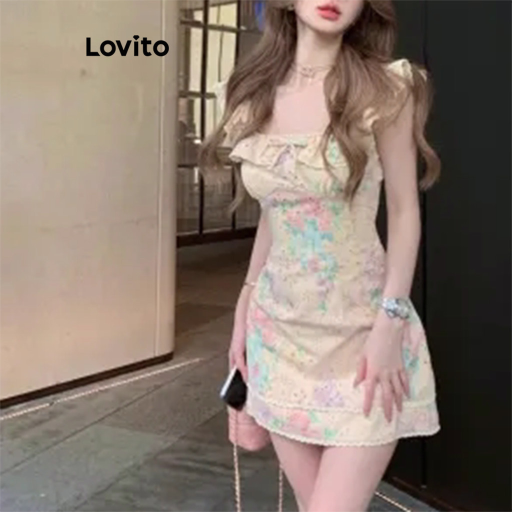 Lovito เดรสผู้หญิง ลายดอกไม้ สไตล์ลำลอง LNA60089