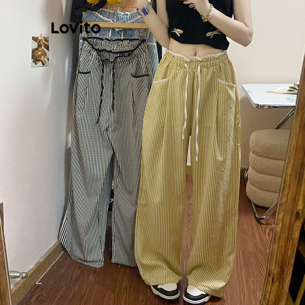 Lovito กางเกงขายาวคอระบายธรรมดาสำหรับผู้หญิง LNA77558