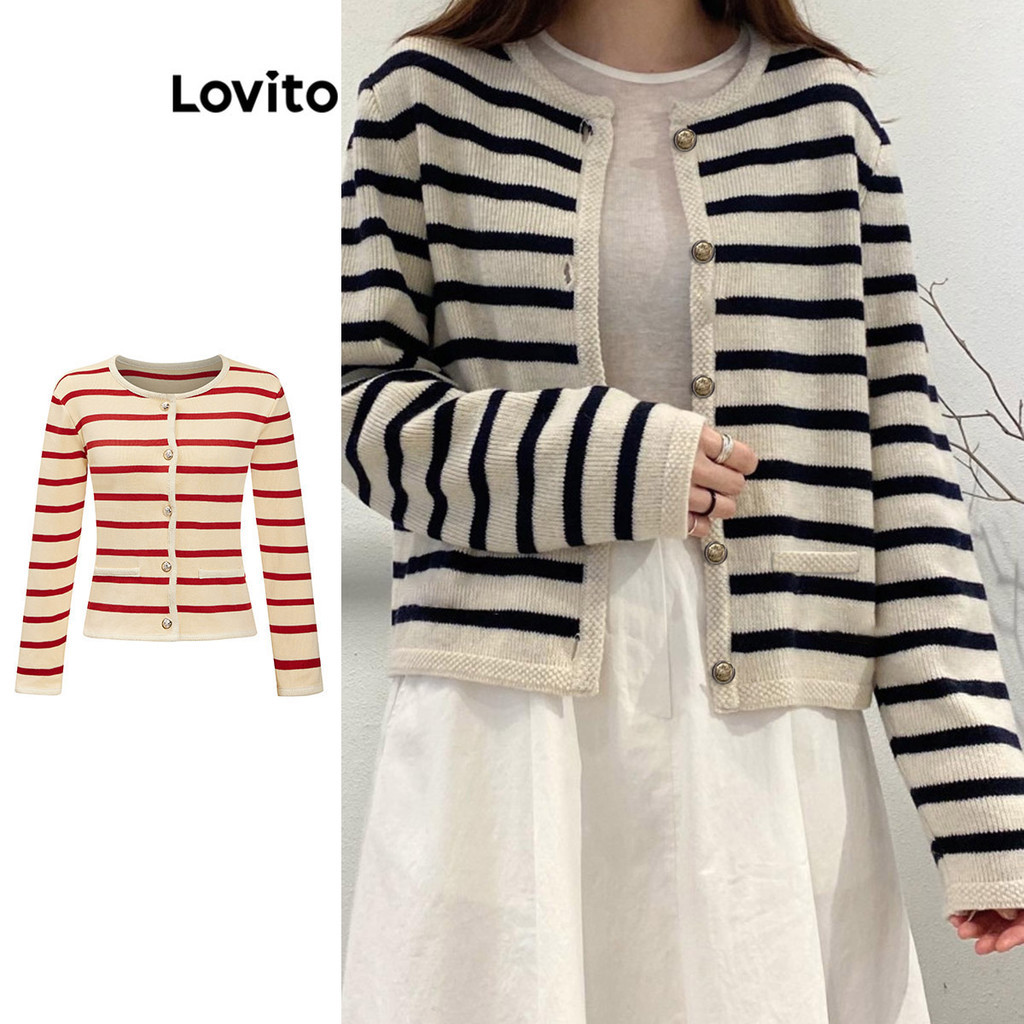 Lovito เสื้อคาร์ดิแกนผู้หญิง กระดุมหน้าแบบโลหะ ลายทาง สไตล์ลำลอง LNE36135 (หลากสี)