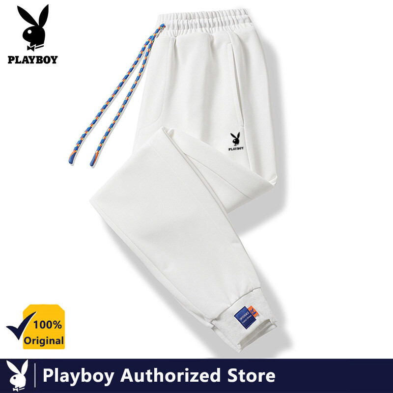 PLAYBOY ยี่ห้อฟุตกางเกงผ้าฝ้ายสีขาวระบายอากาศบางถักหลวมกีฬากางเกงลําลอง