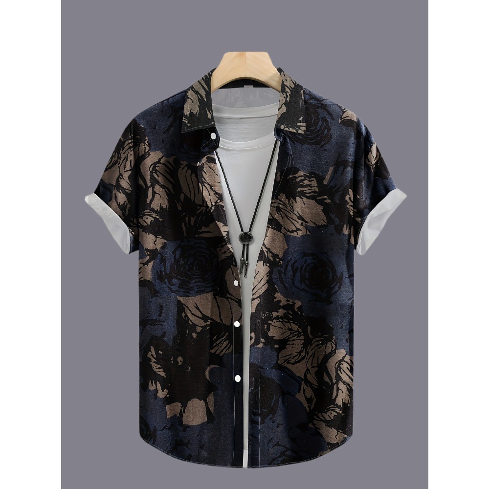 เสื้อเชิ้ตติดกระดุมแขนสั้นพิมพ์ลายดอกไม้ลําลองสําหรับผู้ชาย - กุหลาบสีดําและสีน้ําตาลโพลีเอสเตอร์น้ําหนักเบาเหมาะกับออกนอกบ้านในฤดูร้อนและการชุมนุ