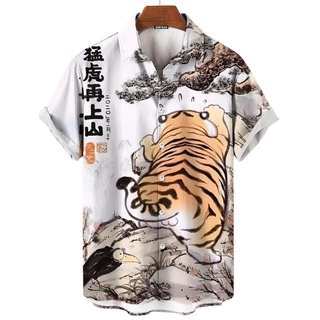ผู้ชายฤดูร้อนใหม่ 3ง พิมพ์ลายเสือเสื้อฮาวายลําลองพิมพ์ดอกไม้แขนสั้นฮาวายเสื้อเขตร้อน