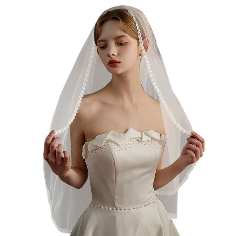 Cutie ที่ละเอียดอ่อนเจ้าสาว Veil Mantilla Applique Veil Headpiece ลูกไม้ Bachelorette เจ้าสาวผมเครื่