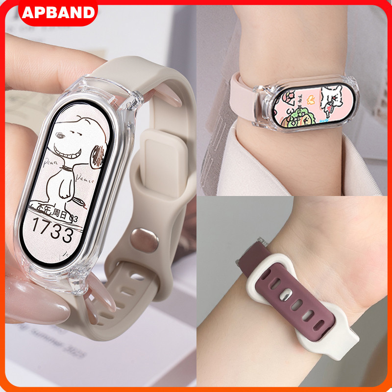 สายซิลิโคน + เคสป้องกันพีซีโปร่งใส for Xiaomi Mi Smart Band 10 9 ยางสปอร์ตนุ่มพร้อมฟิล์มป้องกันหน้าจอกันชนอุปกรณ์เสริม
