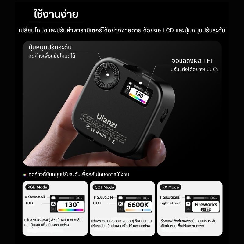 Ulanzi U60 RGB Video Light BK/WH ไฟมินิ RGB พร้อมที่หนีบมืดถือ Cold Shoe ติดหัวกล้อง แม่เหล็กดูดติด