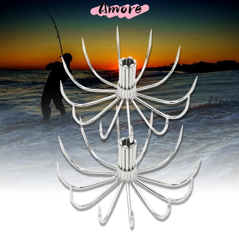 Amore 10 ชิ้น Stainless Steels ปลาหมึกตะขอ Barbed ร่มตะขอตกปลา Jig Tool Hook