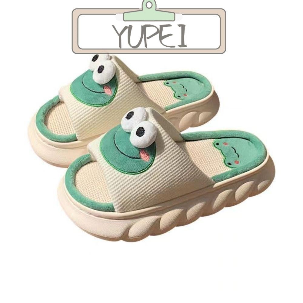 Yupei รองเท้าแตะ, รองเท้าแตะผ้าลินินกบการ์ตูน, รองเท้าแตะผ้าฝ้ายป้องกันการป้องกันกลิ่น Antiskid คุณภาพสูงในร่ม
