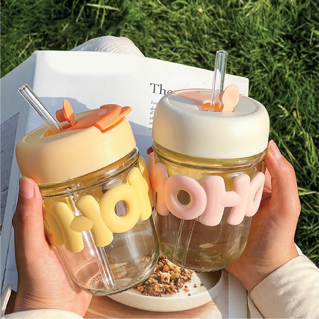 แก้วกาแฟ 350มล. แก้วน้ำใส พร้อมหลอดแก้ว หูหิ้ว ทนทาน ไม่รั่ว กระจกใส อุปกรณ์ครบ จัดส่งรวดเร็ว COD