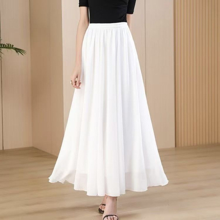 แฟชั่นกระโปรงสีขาวสําหรับผู้หญิงกระโปรงยาวหรูหราสําหรับผู้หญิง แมกซี่ กระโปรงเอวสูง ก-เส้น กระโปรงผู้หญิงกระโปรงชีฟองสไตล์เกาหลีผู้หญิงเต็มกระโ