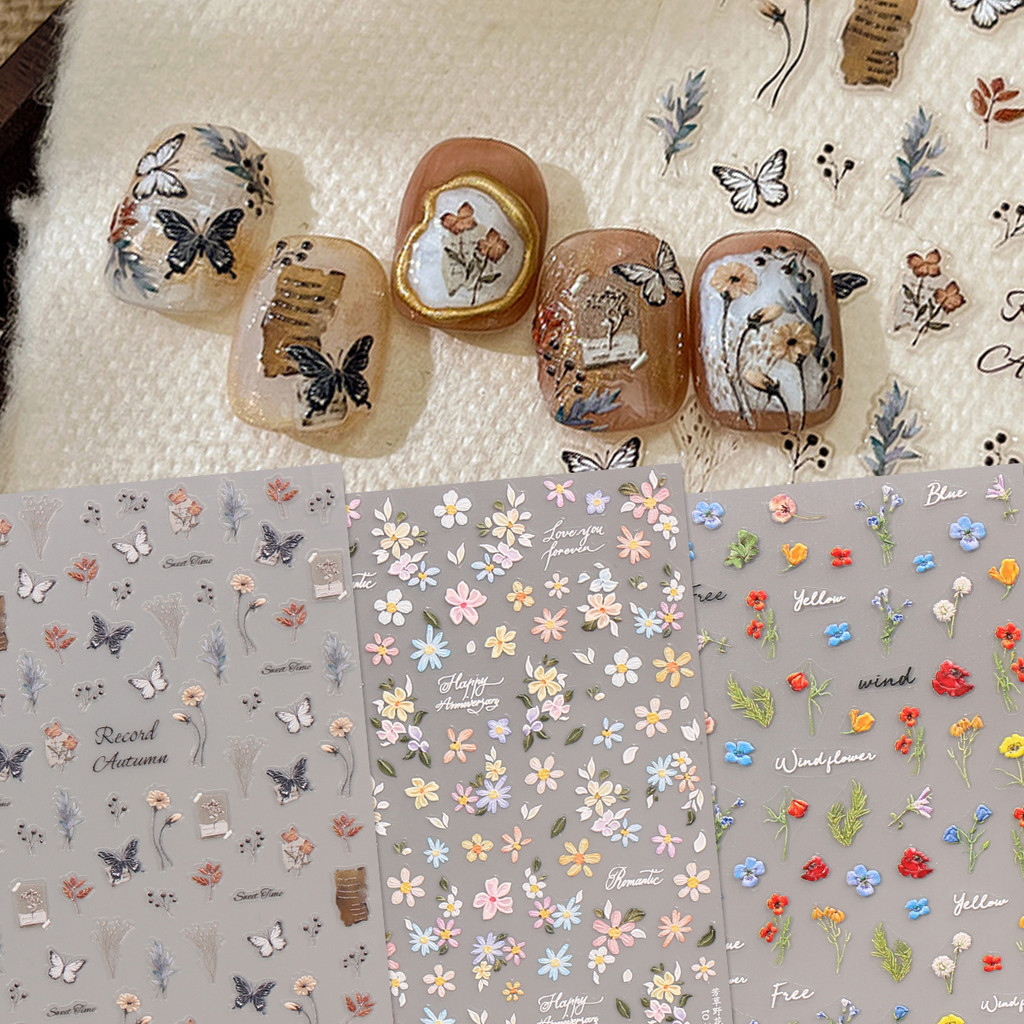HAMA เล็บนูนสติกเกอร์เล็บขายส่งฤดูร้อนดอกไม้ที่มีสีสัน Retro ดอกไม้ผีเสื้อ Simple ตกแต่งเล็บสติกเกอร์ Decals เจ้าสาวงานแต่งงานเล็บ