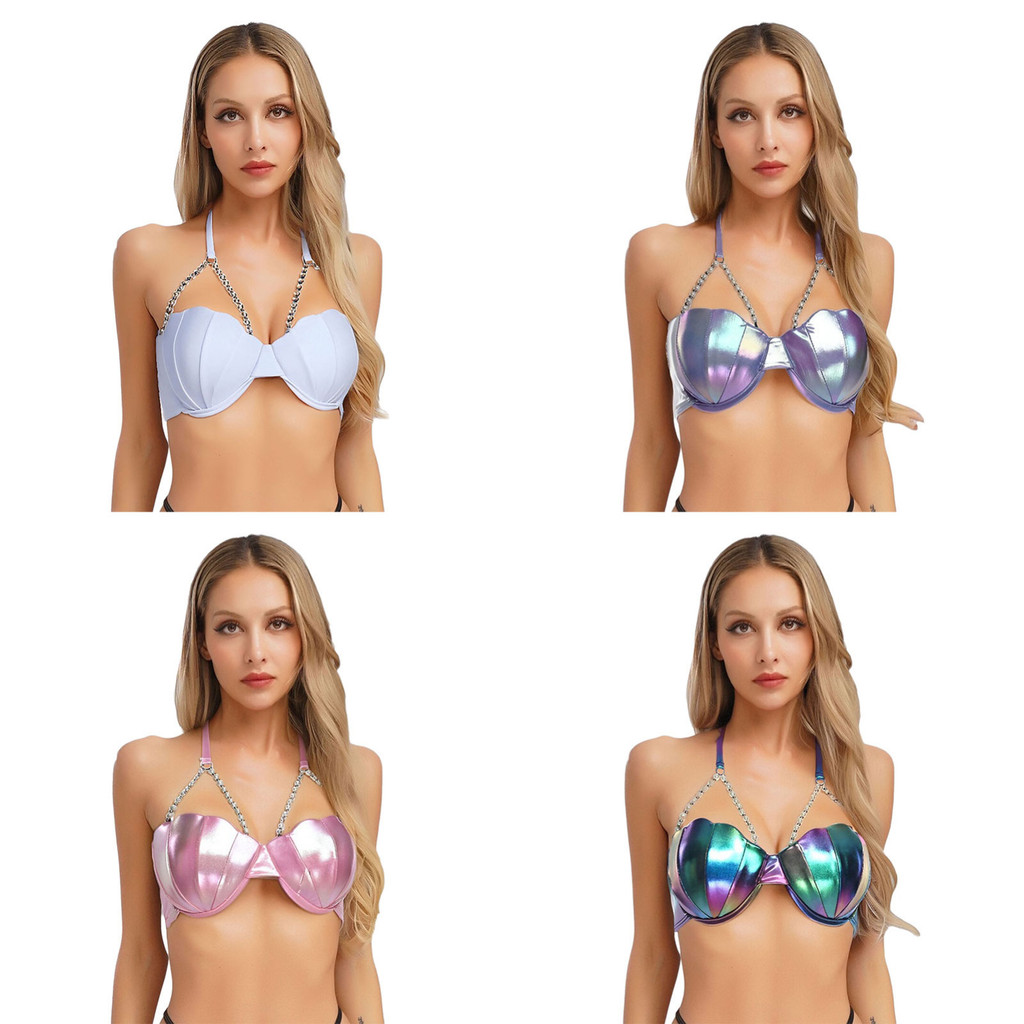Nikiikoo ผู้หญิงบิกินี่ Bra Top Halter คอเพิร์ลโซ่ Glitter ส้นรูปร่าง Slight เบาะ Bra Mermaid Swim Top Beach Party ชุดว่ายน้ํา
