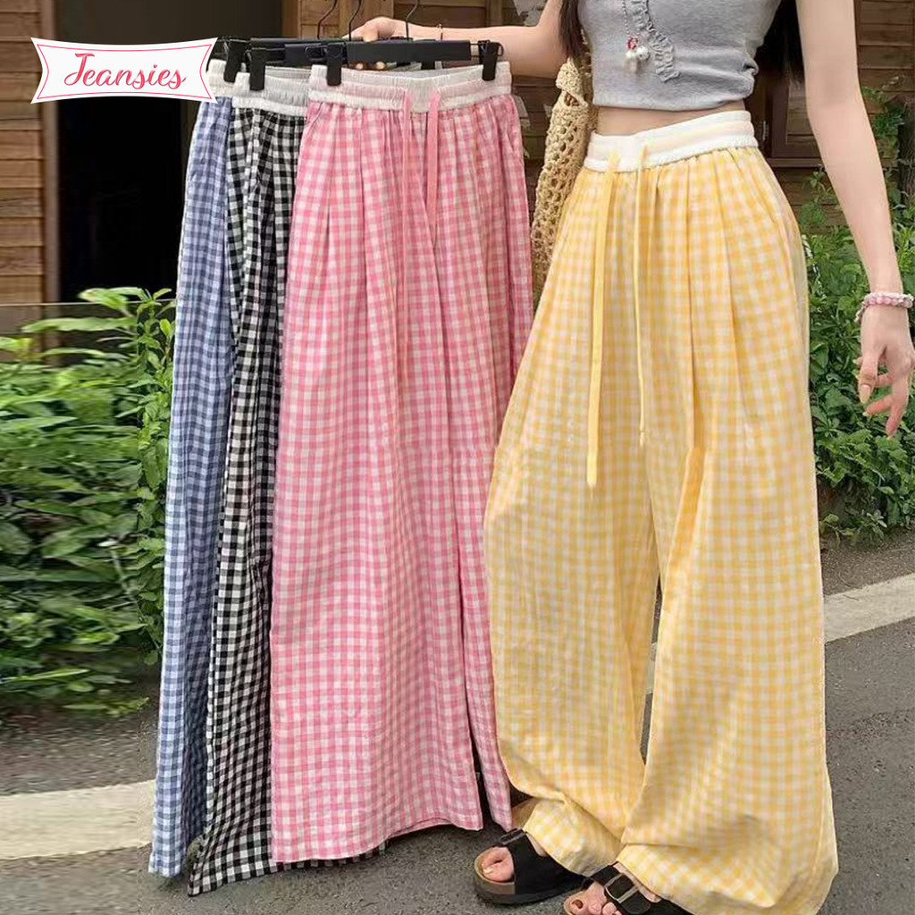 กางเกงลายตารางสีชมพู สไตล์สาวเกาหลี