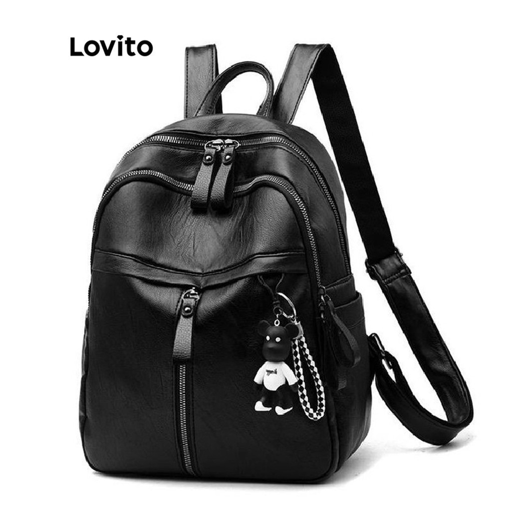 Lovito กระเป๋าเป้สะพายหลัง ลำลอง ความจุสูง สีพื้น มีซิป สำหรับผู้หญิง LNA09180 (สีดำ)