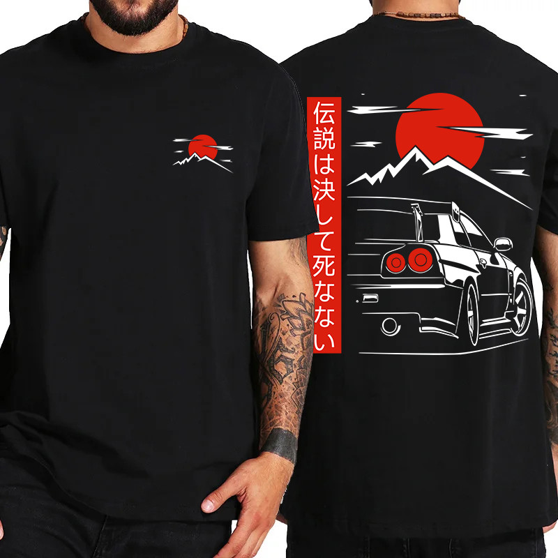 รถสไตล์ญี่ปุ่น JDM วัฒนธรรม GTR R34 Racing T เสื้อผู้ชายกลับพิมพ์ Street สวมใส่ Original Design ขนาดใหญ่ Tops Tee