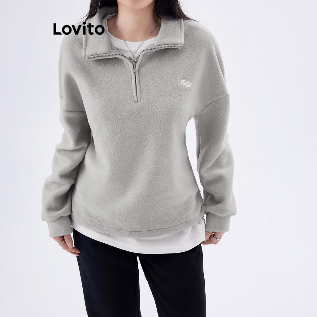 Lovito เสื้อสเวตเตอร์ซิปลายเรียบๆ ลำลองสำหรับผู้หญิง L105MD171