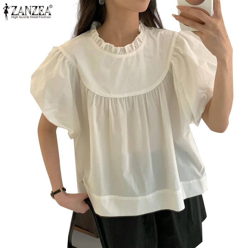 Zanzea เสื้อเบลาส์แขนสั้นคอเหลี่ยมลําลองผู้หญิงเกาหลี