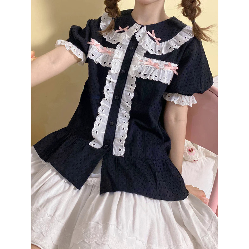 MnJapanese Sweet Lolita Blouse Girly Lace Peter Pan Collar Short Sleeve Shirt Top Women Black Cotton