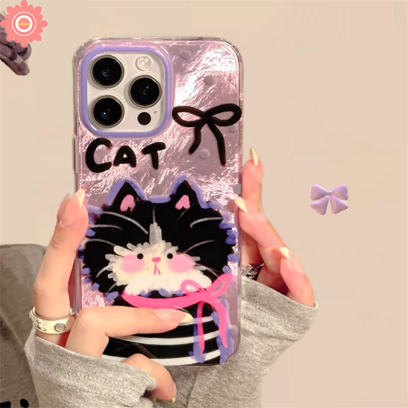 Creativeการ์ตูนแมวน่ารักdoodleลูกแมวbow KnotสําหรับIPhone 13 15 11 16 12 14 Pro Max 7Plus XR X XS Max 16 8 14 7 15 Plus SE 2020 หรูหราGlossyริ้วรอยรูปแบบกรณี