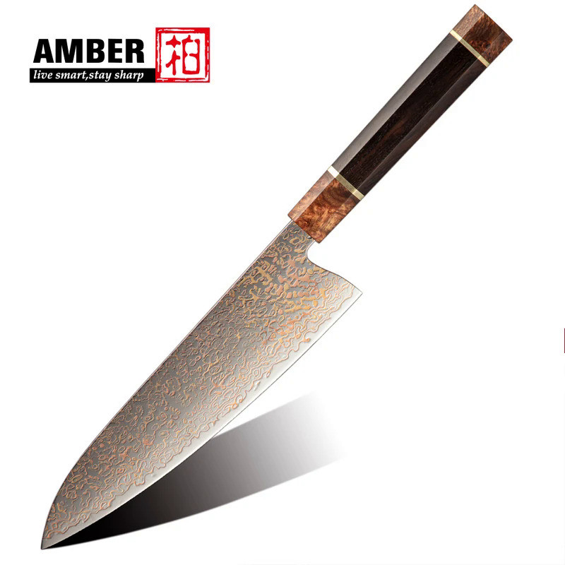 Amber Top Quality Handmade Japanese Damascus Kitchen Knife Set Copper Knife Set Copper Damascus Chef