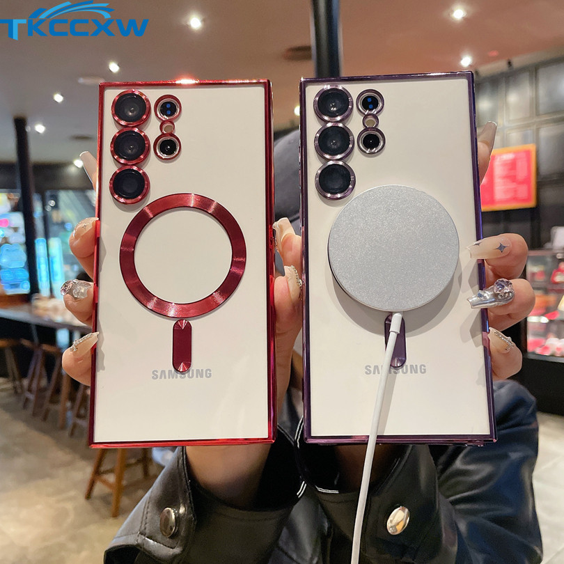 ชุบหรูหราแม่เหล็กโปร่งใสเคสโทรศัพท์สําหรับ Samsung Galaxy หมายเหตุ 10 + A06 A16 A05 A05s A15 4G 5G A55 A35 ไร้สายชาร์จนุ่มกันกระแทกฝาครอบโทรศัพท์พร้อมเลนส์กล้อง