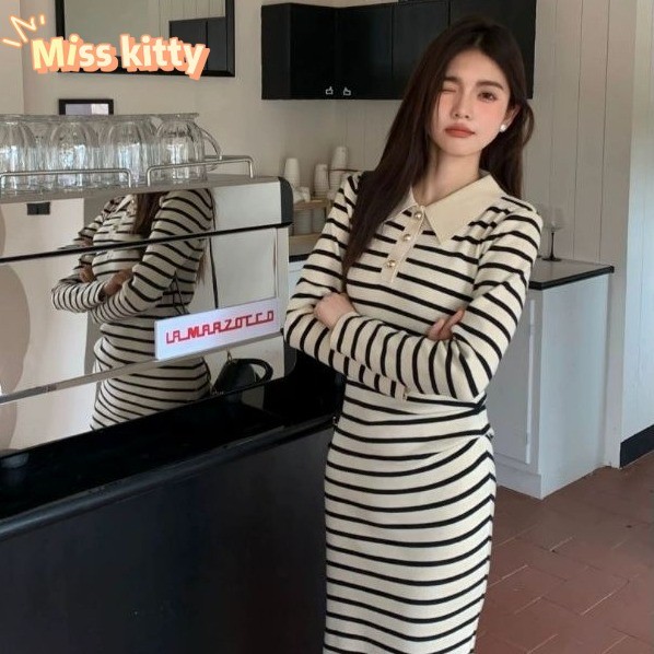 Miss Kitty พร้อมส่ง ท่านหญิง ชุดเดรสไหมพรมกระโปรงยาว คอปกแขนยาวลายทาง*M0133-1-C*