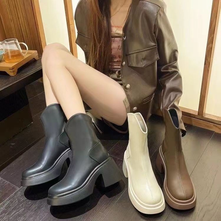 รองเท้าบูทกลางท่ออัศวินบู๊ทส์พรีเมี่ยมสวมใส่ด้านนอกฤดูใบไม้ร่วงสบายๆ