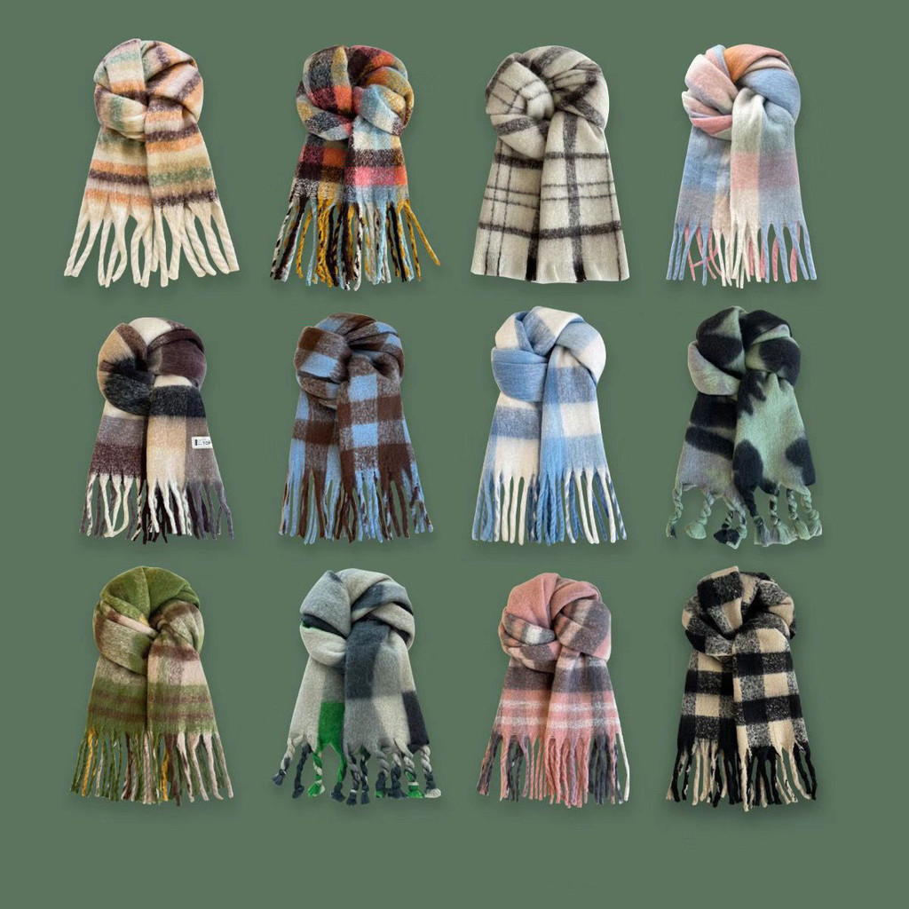 High-end การจับคู่สี Mohair ผ้าพันคอผู้หญิง Warm หนา All-Match ลายสก๊อตพู่ผ้าพันคอคู่ผ้าคลุมไหล่อินเทรนด์ 11.5