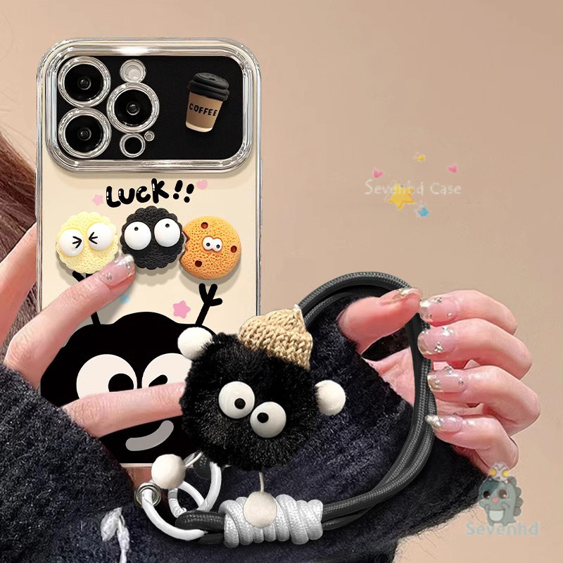 สําหรับiphone 11 16 15 14 13 12 Pro Xr X Xs Max 7 8 6 6s Plusน่ารักสีดําการ์ตูนของเล่นเคสโทรศัพท์ + 3D DIYตุ๊กตา + โซ่หรูหราชุบคมชัดหน้าต่างกันกระแทกปกหลังป้องกัน